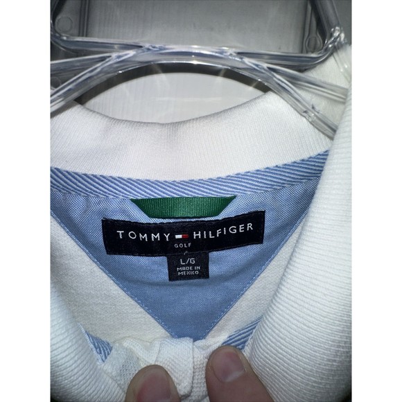 Tommy Hilfiger Polo Shirt Mens Large Blue White Striped Casual Short Sleeve - Picture 3 of 3